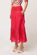 CORDELIA SHIRRED SILK COTTON SKIRT | Ruby