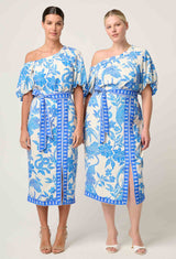ZENOBIA CONTRAST TRIM VISCOSE DOBBY MIDI SKIRT | Azure Mosaic