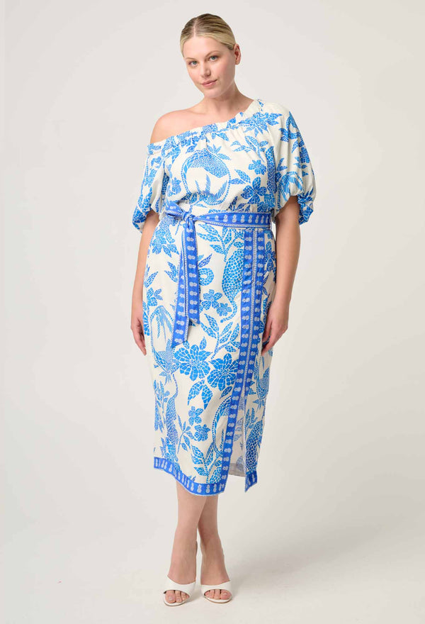 ZENOBIA CONTRAST TRIM VISCOSE DOBBY MIDI SKIRT | Azure Mosaic