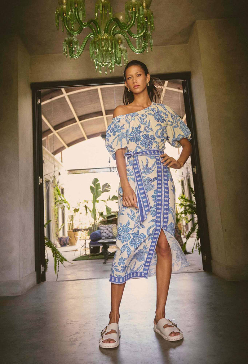 ZENOBIA CONTRAST TRIM VISCOSE DOBBY MIDI SKIRT | Azure Mosaic