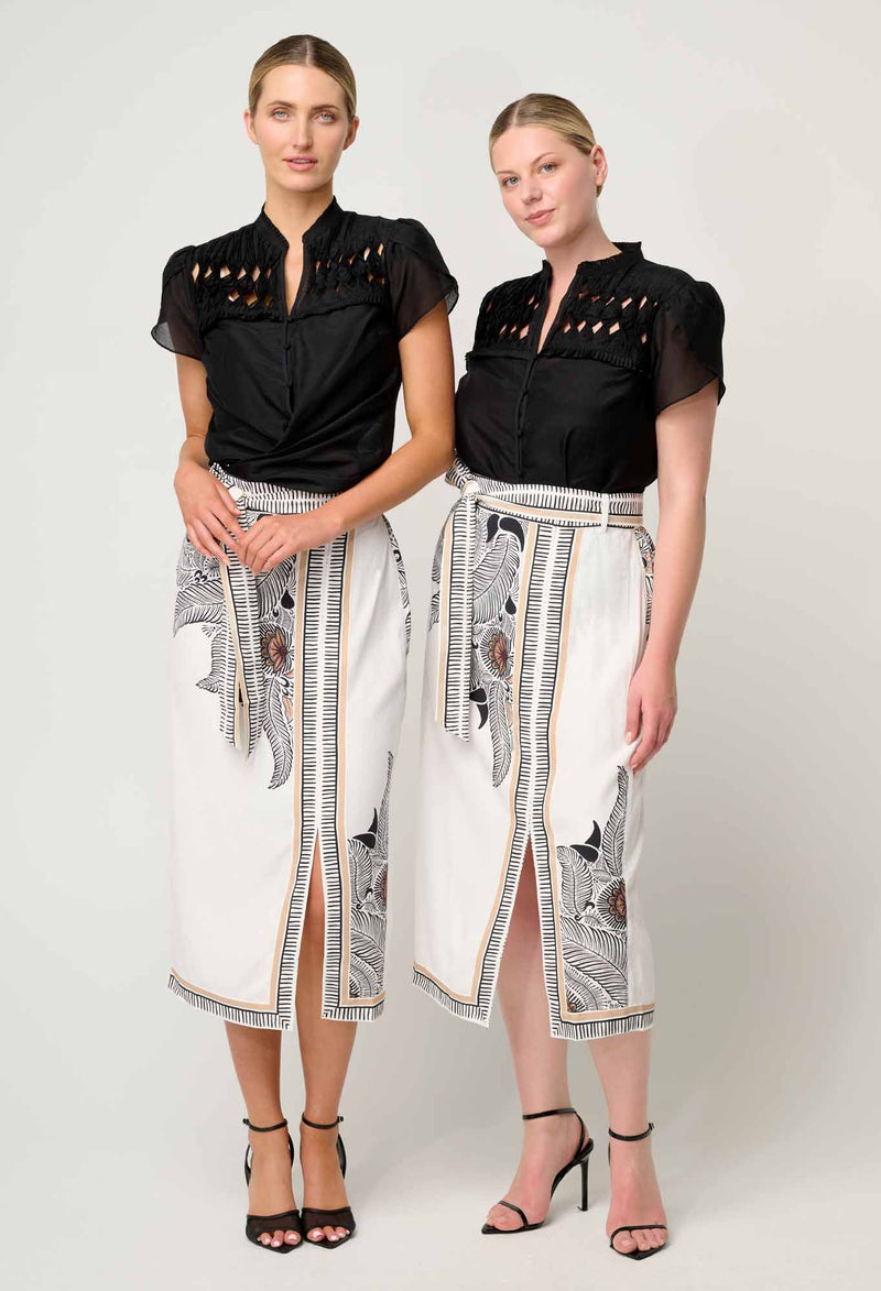 ZENOBIA CONTRAST TRIM VISCOSE DOBBY SKIRT | Ivory Casablanca