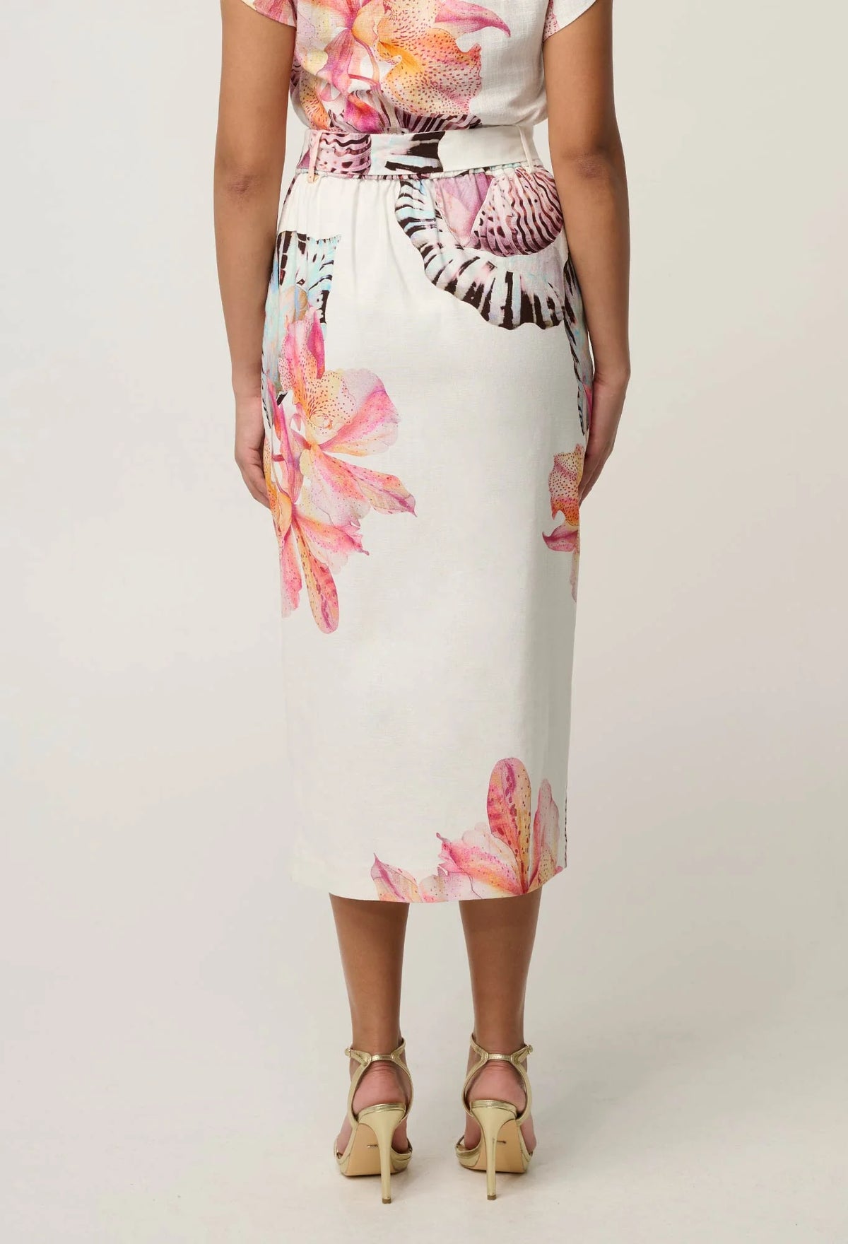 ADRIA STRETCH LINEN VISCOSE MIDI SKIRT in Nautilius Bloom from Oncewa