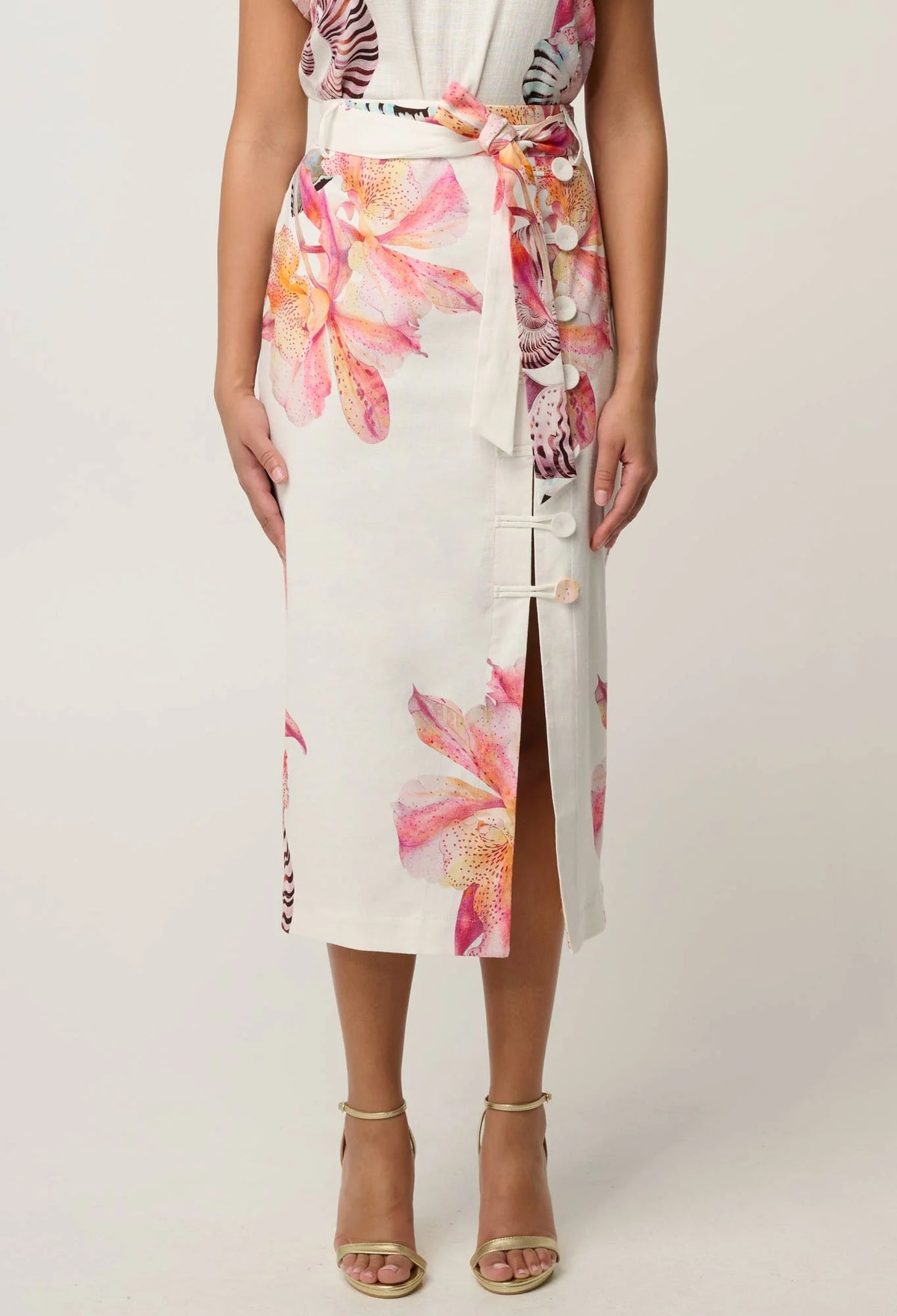 ADRIA STRETCH LINEN VISCOSE MIDI SKIRT in Nautilius Bloom from Oncewa