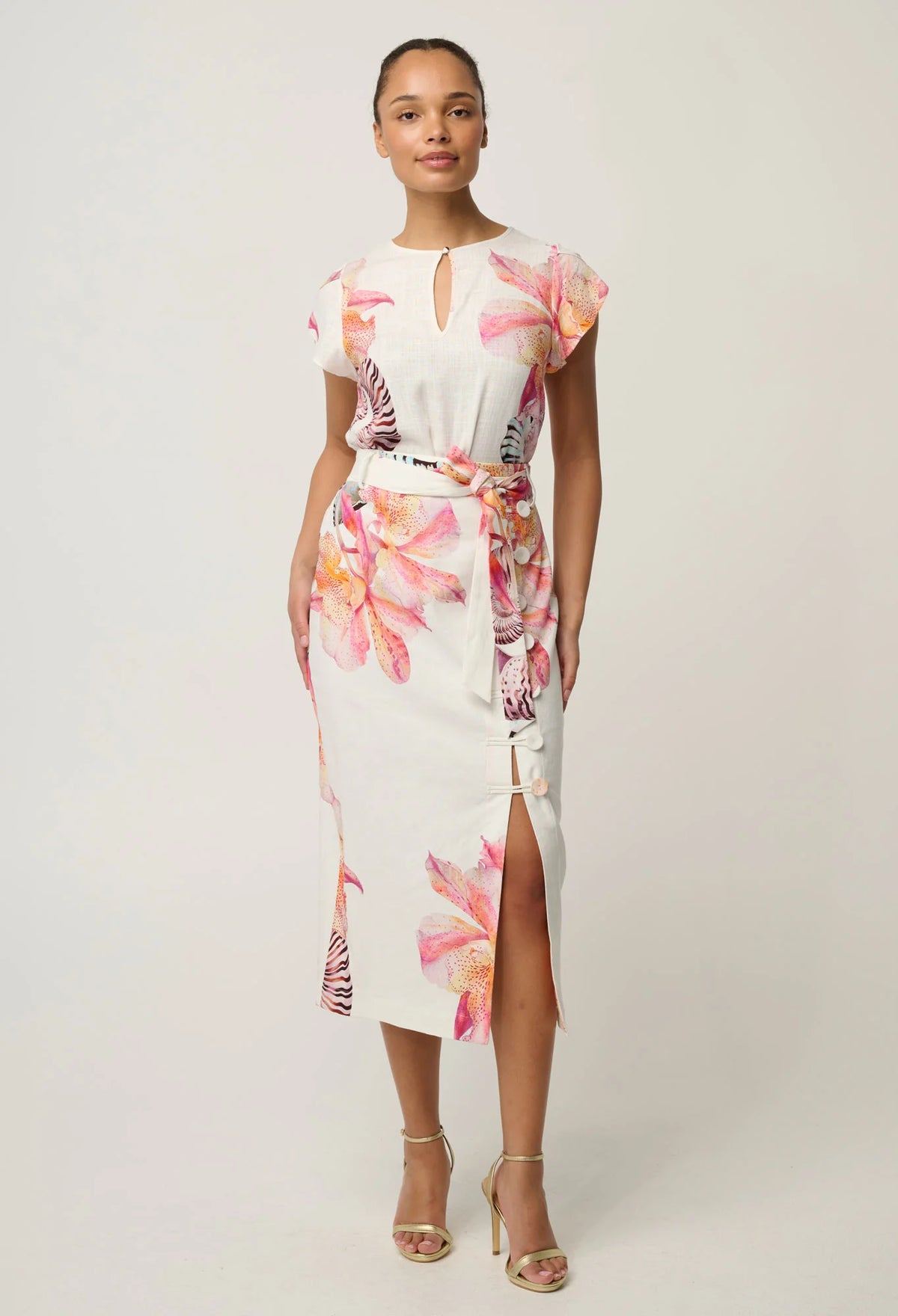 ADRIA STRETCH LINEN VISCOSE MIDI SKIRT in Nautilius Bloom from Oncewa