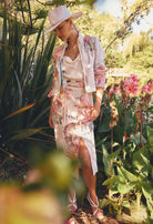 ADRIA STRETCH LINEN VISCOSE MIDI SKIRT in Nautilius Bloom from Oncewa