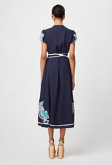 DELRAY EMBROIDERED LINEN VISCOSE DRESS in Lapis from Oncewas