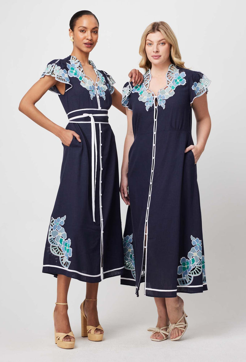 DELRAY EMBROIDERED LINEN VISCOSE DRESS in Lapis from Oncewas