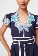 DELRAY EMBROIDERED LINEN VISCOSE DRESS in Lapis from Oncewas