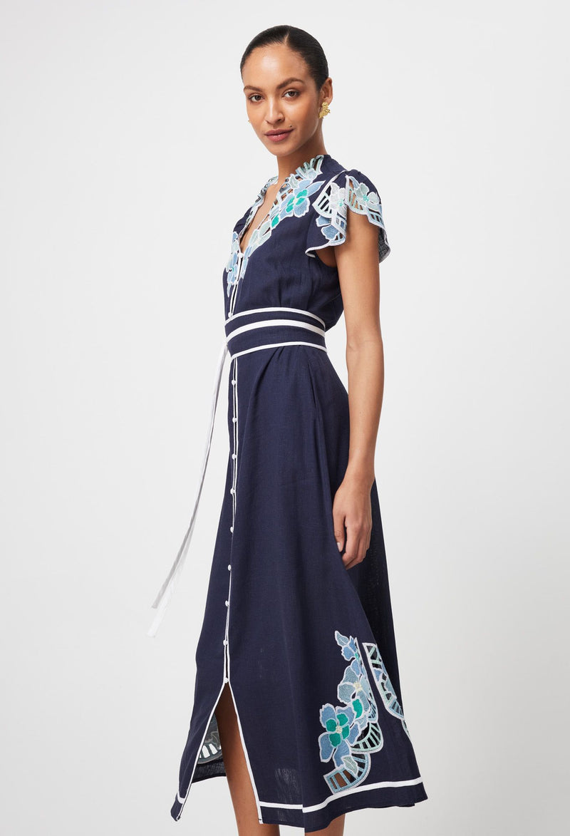 DELRAY EMBROIDERED LINEN VISCOSE DRESS in Lapis from Oncewas