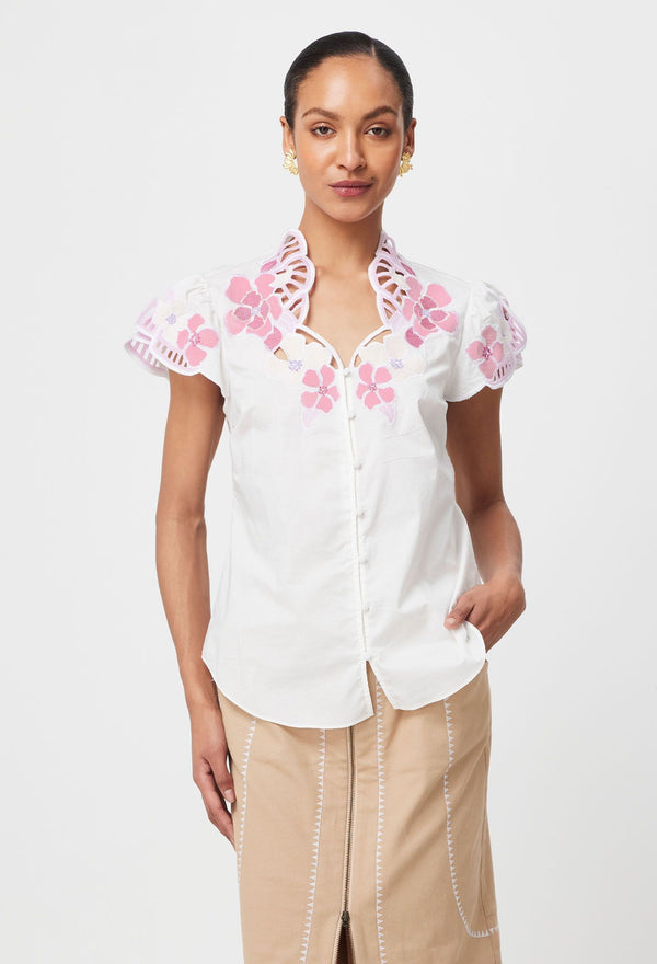 BALLOU EMBROIDERED COTTON VOILE BLOUSE | Ivory Blouse