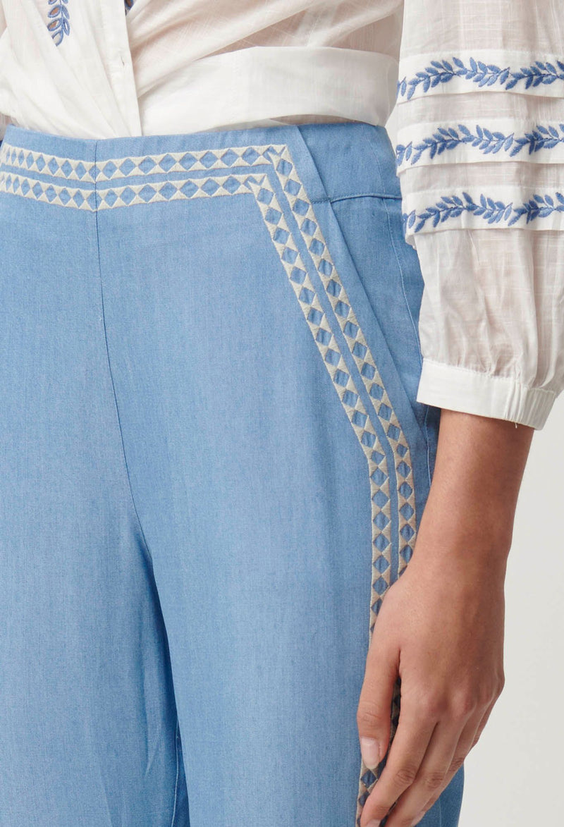 Oncewas Ophelia Tencel Embroidered Pant in cornflower