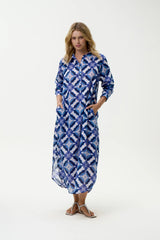 LONG GILLI DRESS | Floreat Cotton Blue Ikat
