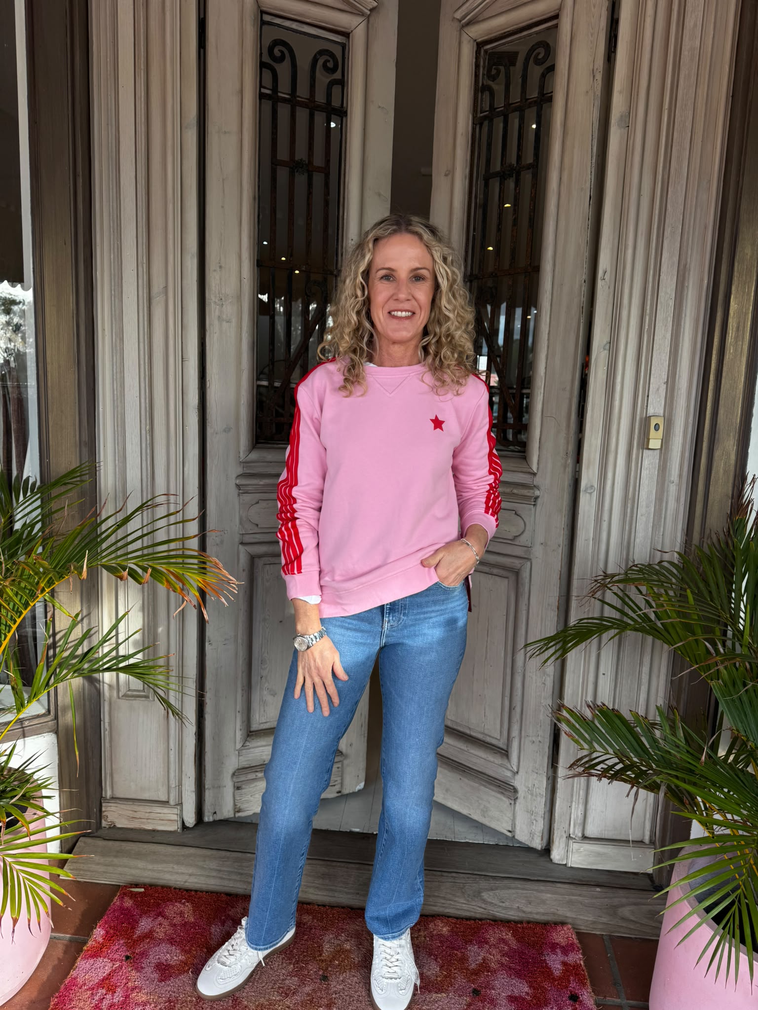 ARM STRIPE SWEATSHIRT in Pink + Red from Sophie Moran