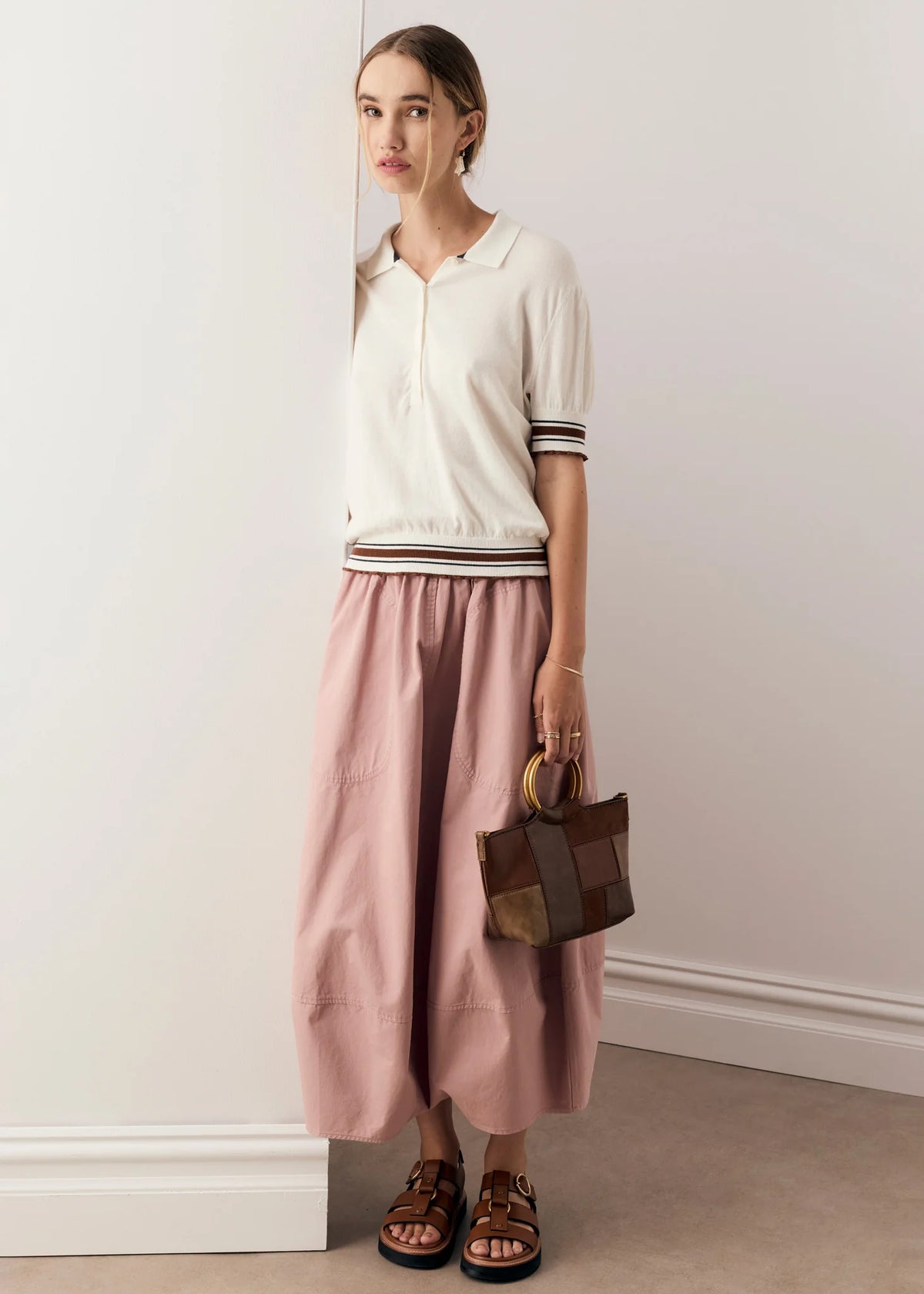 DAHLIA KNIT POLO in White + Toffee by Pol Clothing