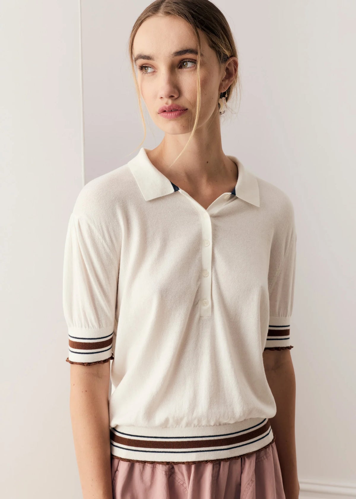 DAHLIA KNIT POLO in White + Toffee by Pol Clothing