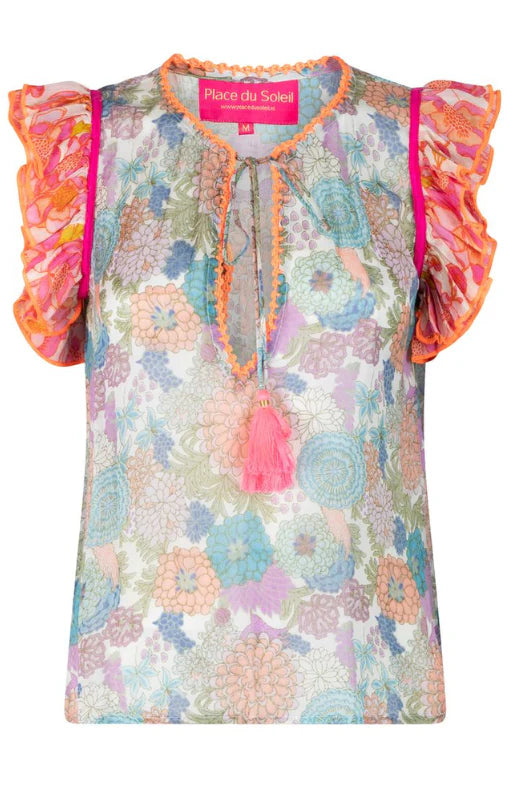 ROSA BLUE FRILL TOP in Green Multi by Place de Soleil