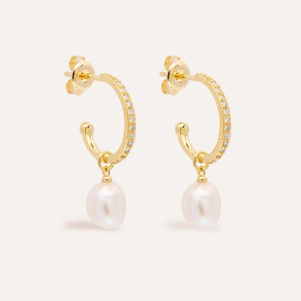 LIVE IN PEACE PEARL HOOP EARRINGS in Gold from By Charlotte