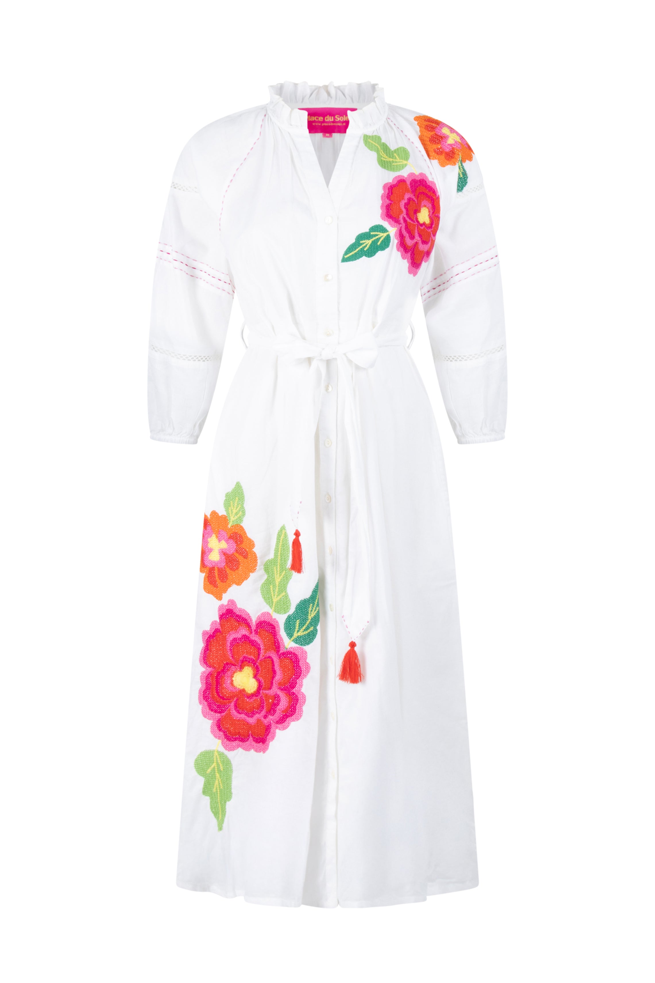 LONG DRESS BIG EMBROIDERED FLOWER in White by Place Du Soleil