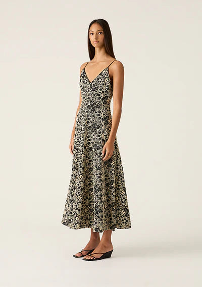 AMELIA EMBROIDERY MIDI DRESS in Black from MOS The Label