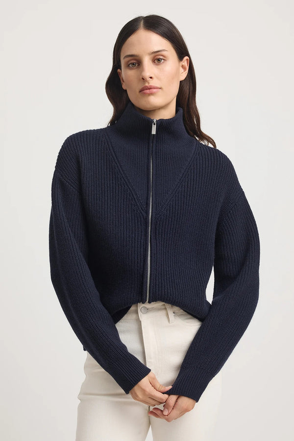 ZIP THROUGH RIB KNIT in French Navy by Toorallie
