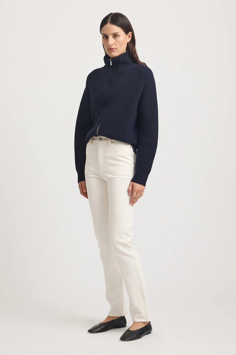 ZIP THROUGH RIB KNIT in French Navy by Toorallie