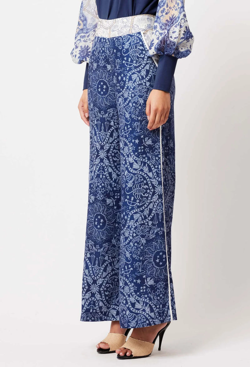 VENUS LINEN VISCOSE PANT in Zodiac Print from Oncewas