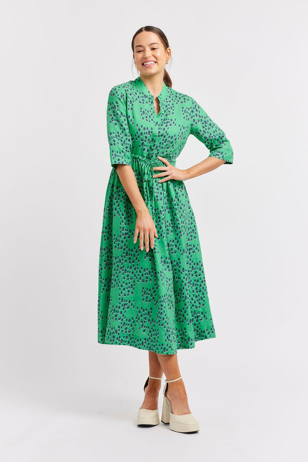 Alessandra Serena linen dress in Emerald green martini print available from Darling and Domain