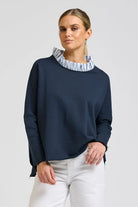 RAW FRILL COLLAR SWEATSHIRT in Navy + Stripe Collar by Shirty