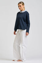 RAW FRILL COLLAR SWEATSHIRT in Navy + Stripe Collar by Shirty