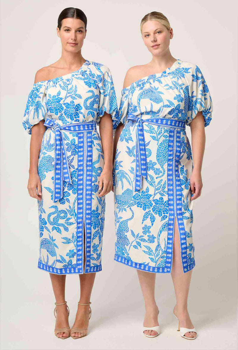 JUNO VISCOSE DOBBY ONE SHOULDER TOP in print Azure Mosaic from Once Was
