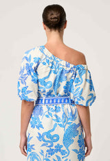 JUNO VISCOSE DOBBY ONE SHOULDER TOP in print Azure Mosaic from Once Was