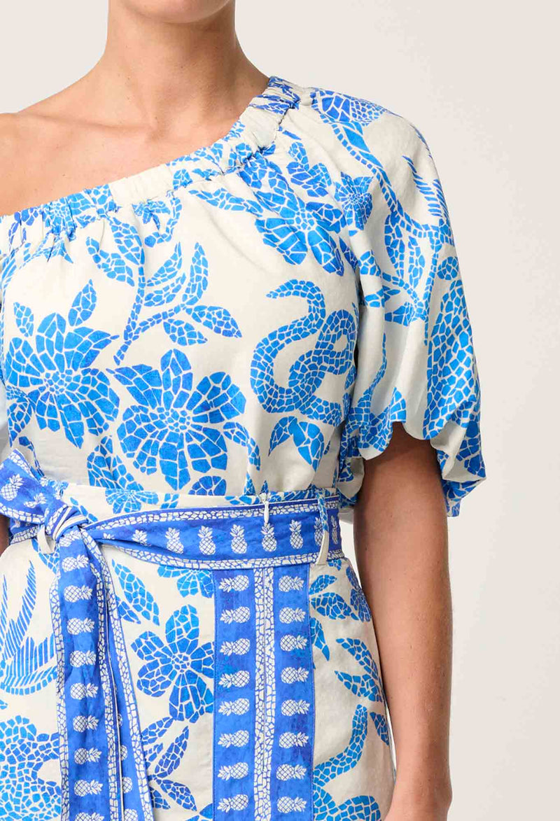 JUNO VISCOSE DOBBY ONE SHOULDER TOP in print Azure Mosaic from Once Was