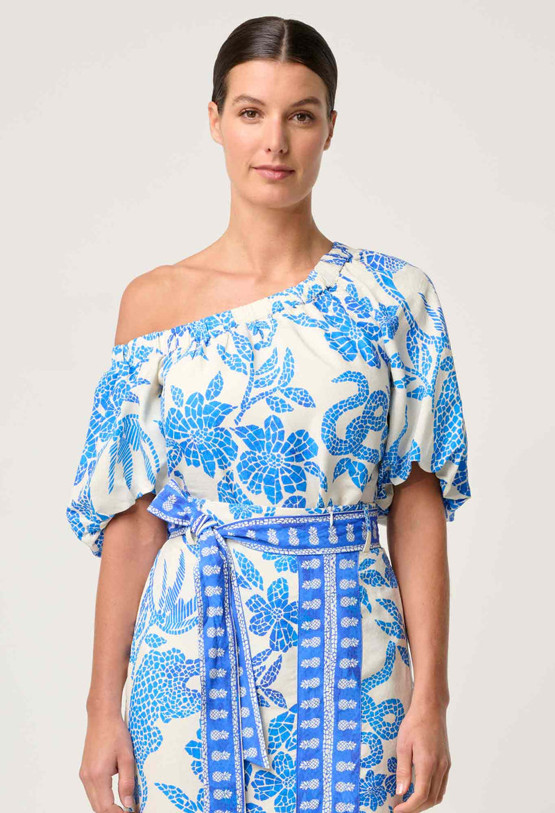 JUNO VISCOSE DOBBY ONE SHOULDER TOP in print Azure Mosaic from Once Was