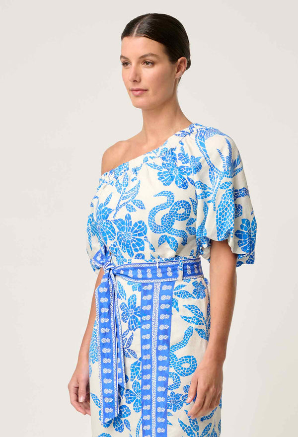 JUNO VISCOSE DOBBY ONE SHOULDER TOP in print Azure Mosaic from Once Was