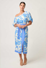 JUNO VISCOSE DOBBY ONE SHOULDER TOP in print Azure Mosaic from Once Was
