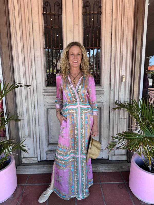 Lola Australia Mary Silk Maxi Dress in Aria Pink Blue