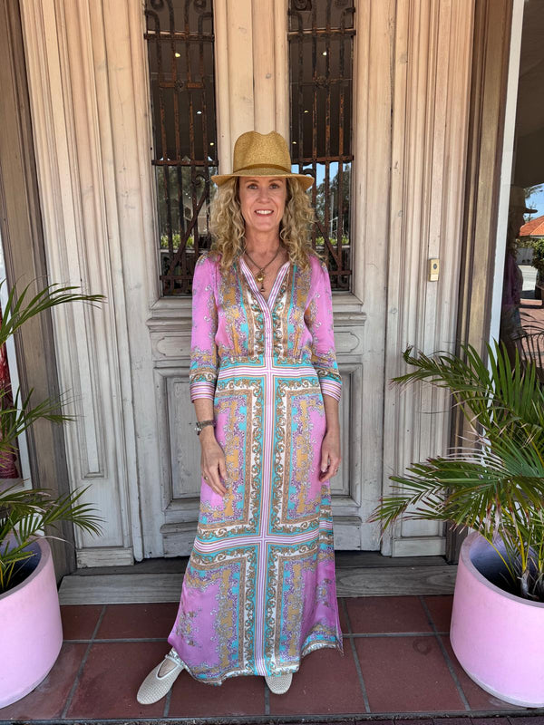 Lola Australia Mary Silk Maxi Dress in Aria Pink Blue