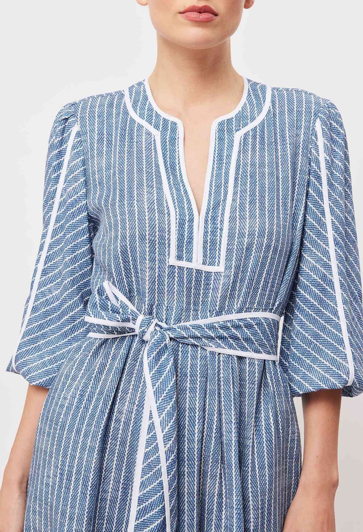 ANTIGUA LINEN VISCOSE BABYDOLL DRESS in Del Mar Stripe from Oncewas