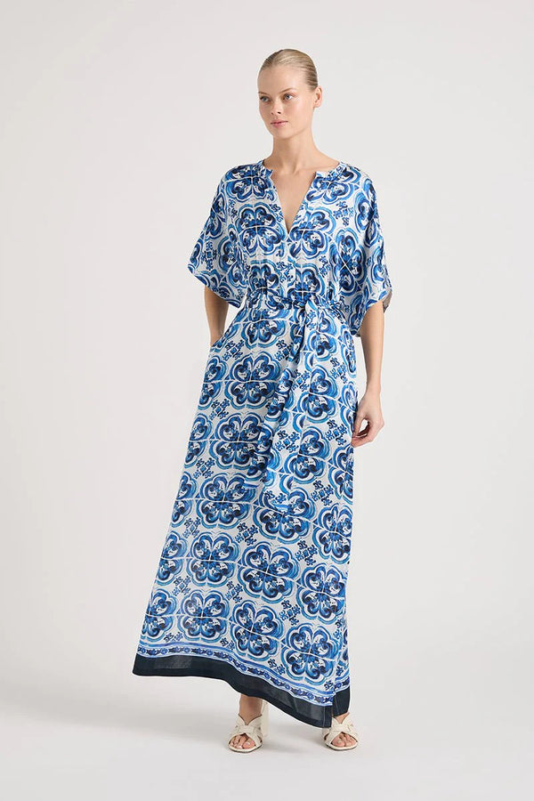 NORMAN SILK MIDI DRESS in Margaret Navy from Lola Australia