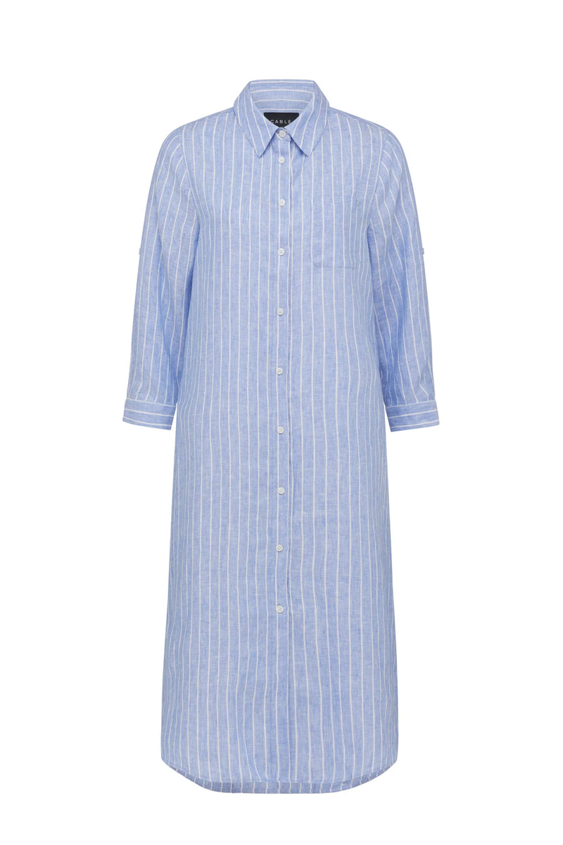 Pure Linen Shirt Dress in Blue Pinstripe by Cable Melbourne