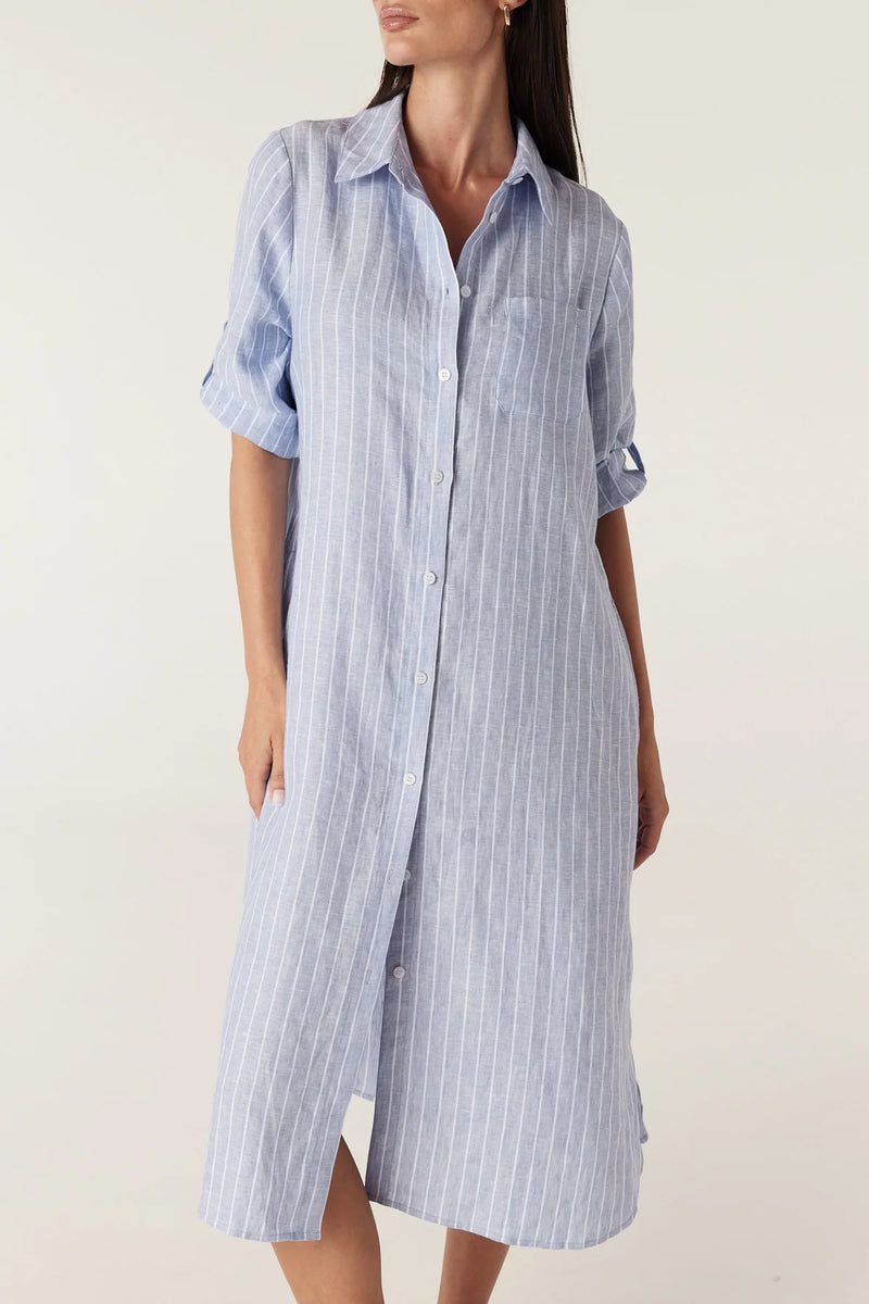 Pure Linen Shirt Dress in Blue Pinstripe by Cable Melbourne