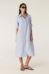 Pure Linen Shirt Dress in Blue Pinstripe by Cable Melbourne