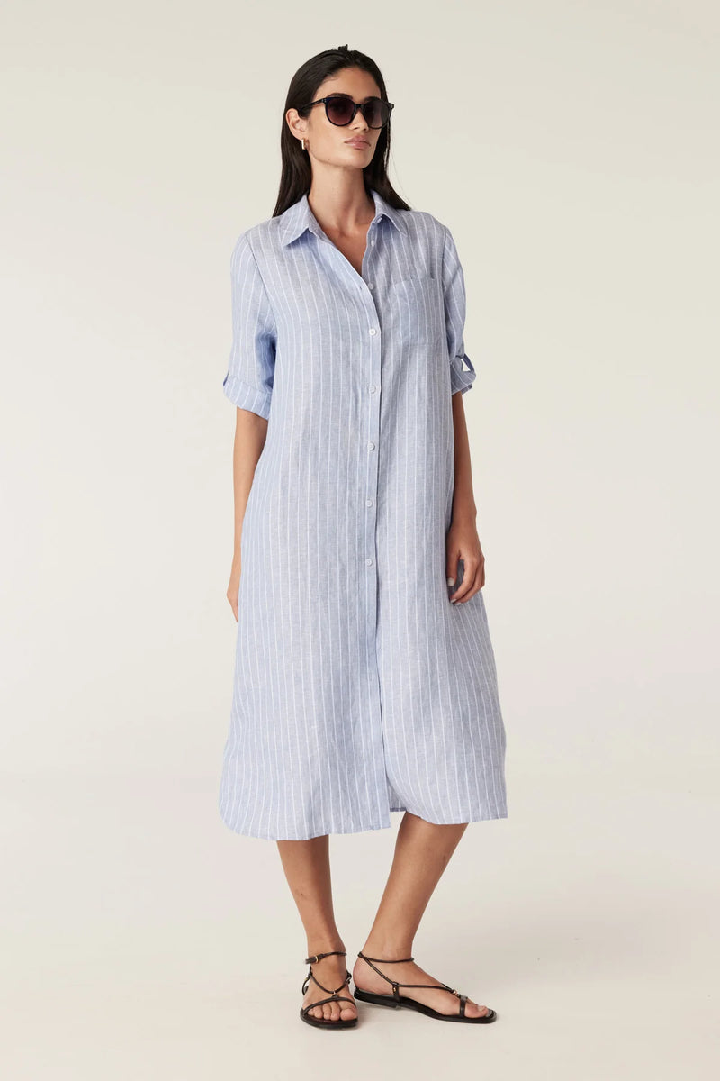 Pure Linen Shirt Dress in Blue Pinstripe by Cable Melbourne