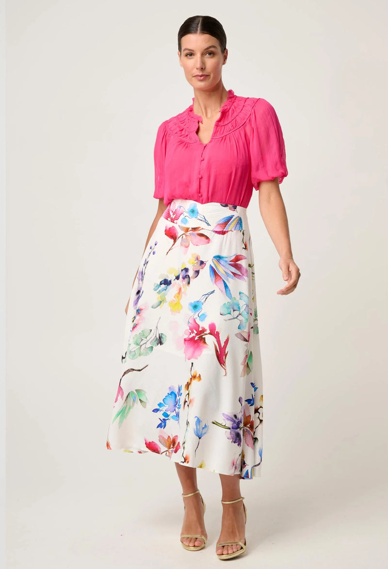 SELINI BRAIDED NECK CHIFFON BLOUSE in Celosia Pink from Once Was