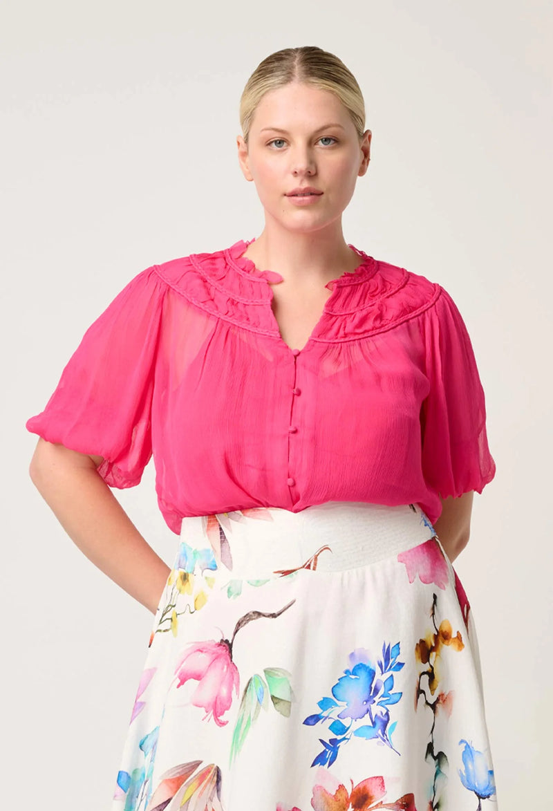 SELINI BRAIDED NECK CHIFFON BLOUSE in Celosia Pink from Once Was