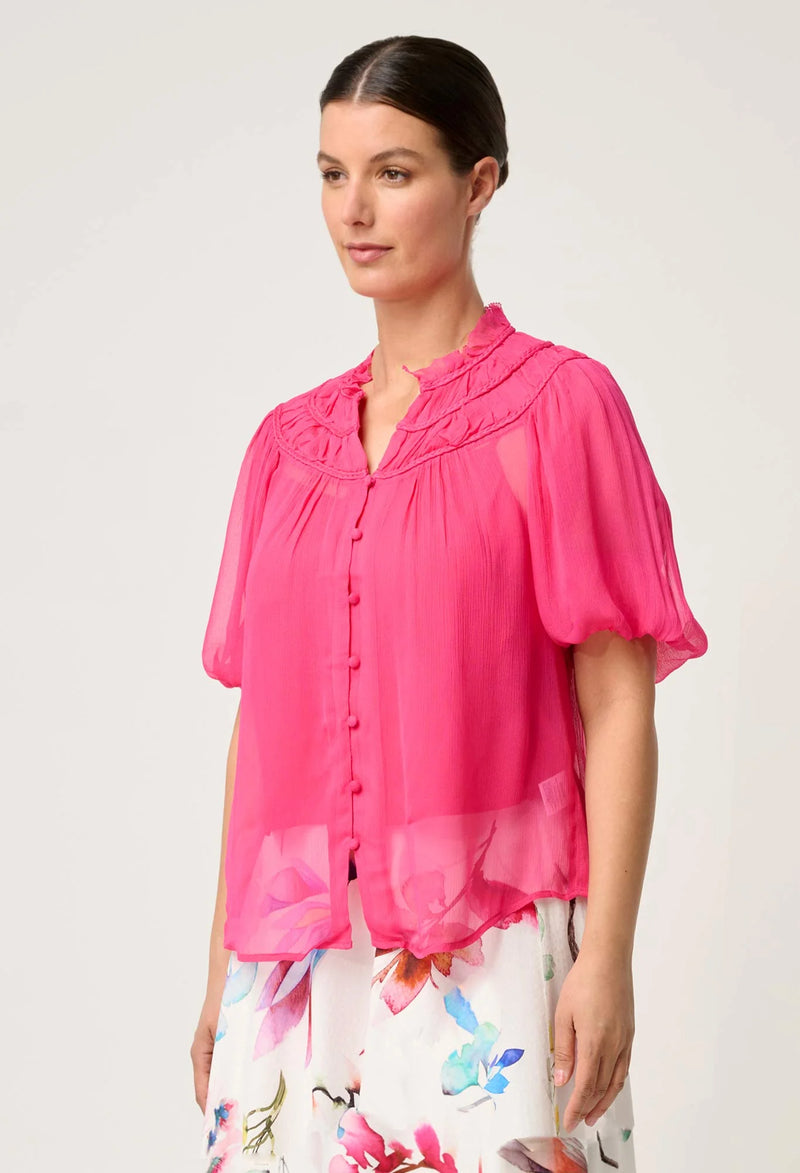 SELINI BRAIDED NECK CHIFFON BLOUSE in Celosia Pink from Once Was
