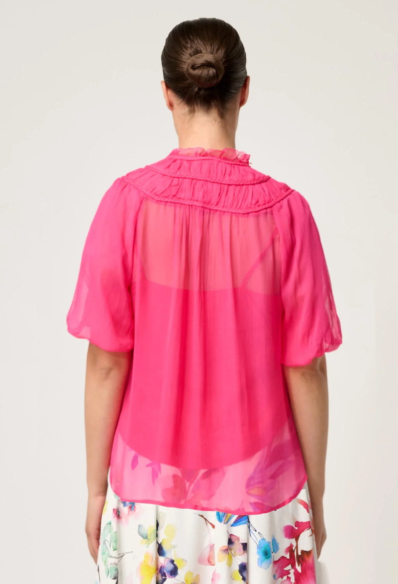 SELINI BRAIDED NECK CHIFFON BLOUSE in Celosia Pink from Once Was