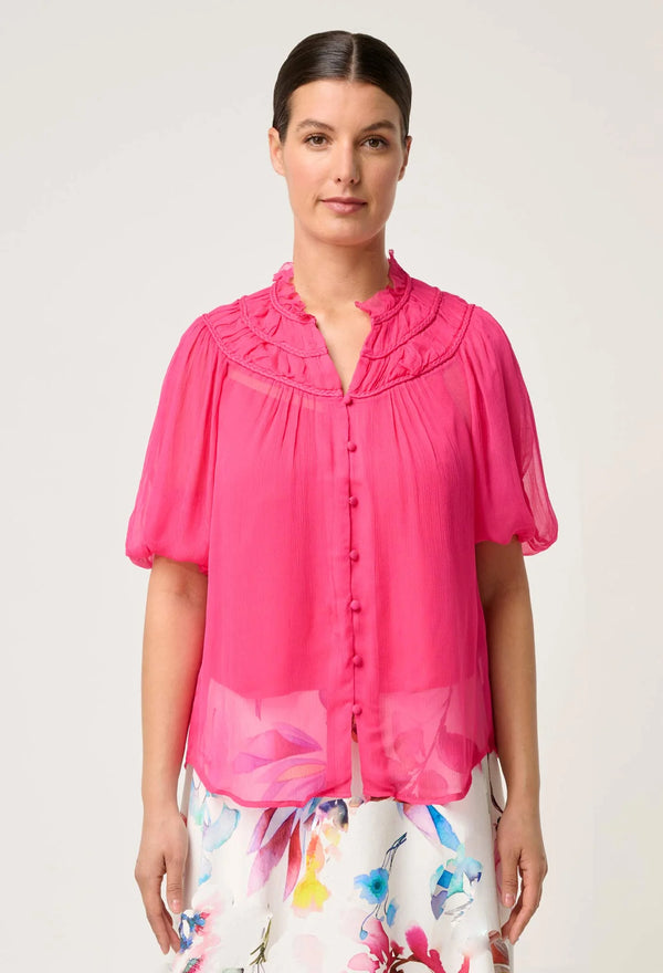 SELINI BRAIDED NECK CHIFFON BLOUSE in Celosia Pink from Once Was