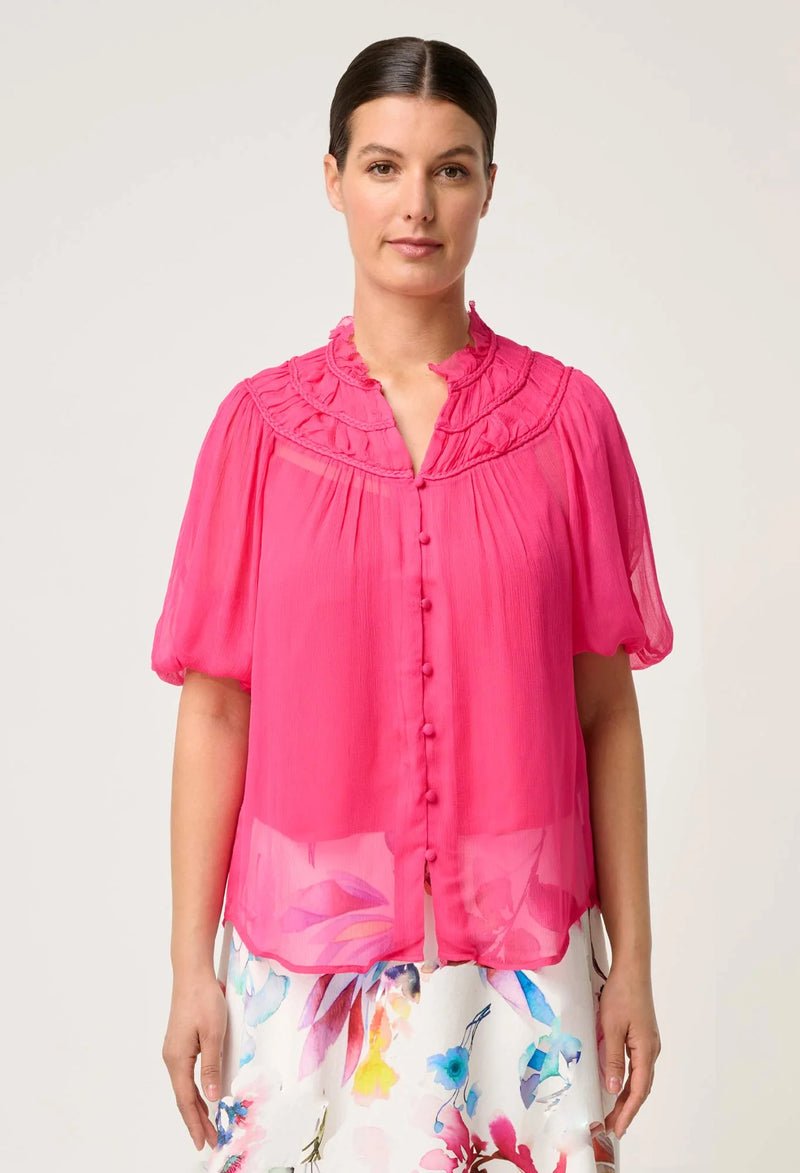 SELINI BRAIDED NECK CHIFFON BLOUSE in Celosia Pink from Once Was