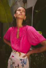 SELINI BRAIDED NECK CHIFFON BLOUSE in Celosia Pink from Once Was